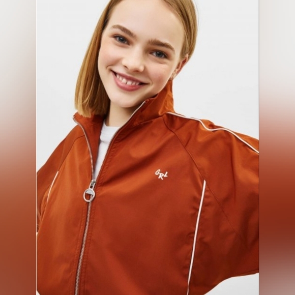 Bershka Orange Zipper Crop Jacket White Stripe Sz L Preppy Revival Tenniscore - Picture 12 of 13